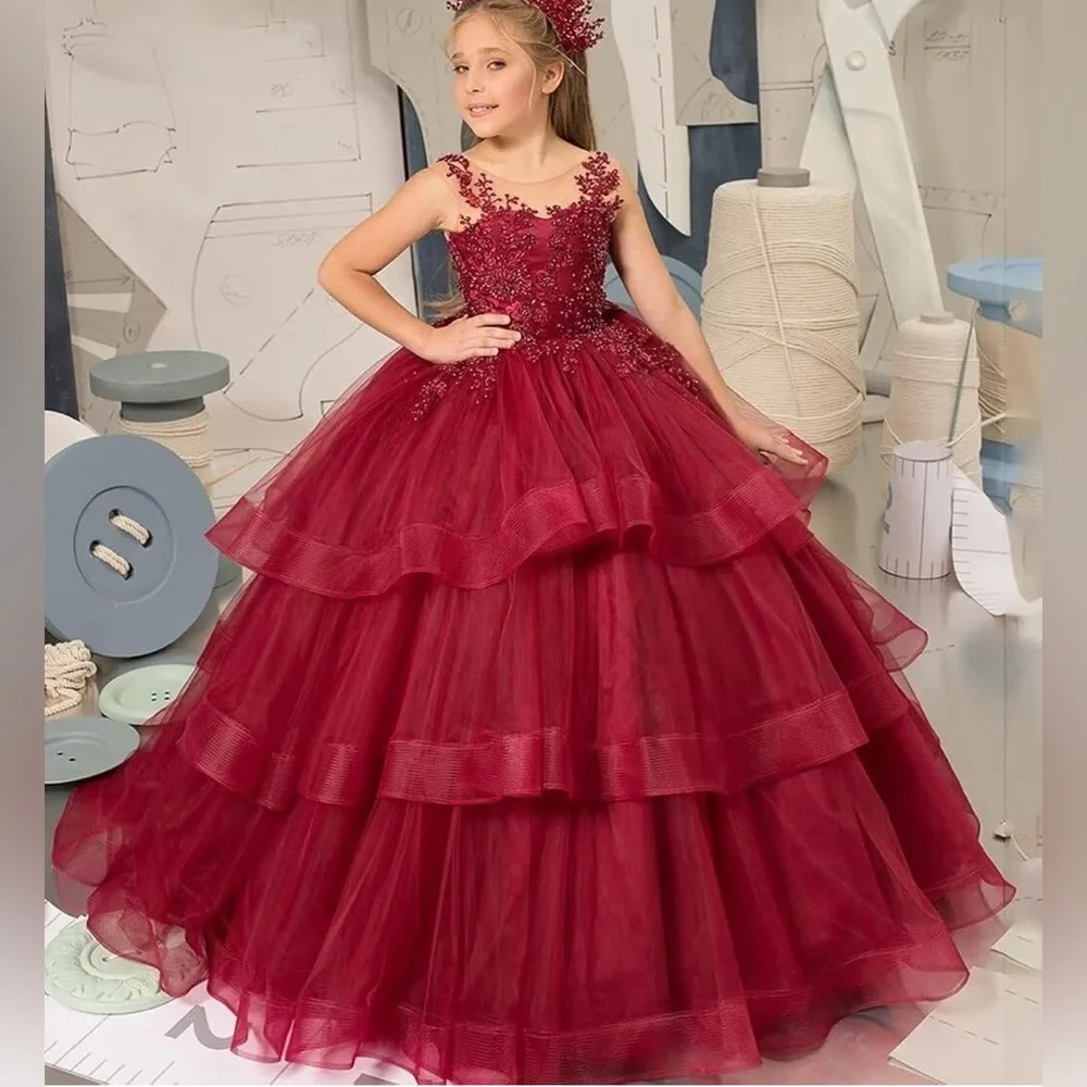 Girls' Special Occasion Tulle Tiered Dress with lace appliqué.